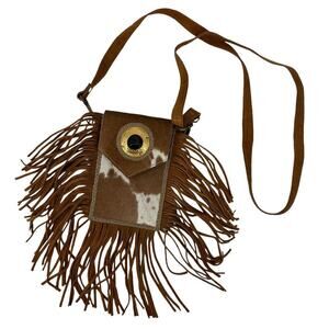 Cow Hair Leather Crossbody Purse Western Hide Fringe Brown White‎